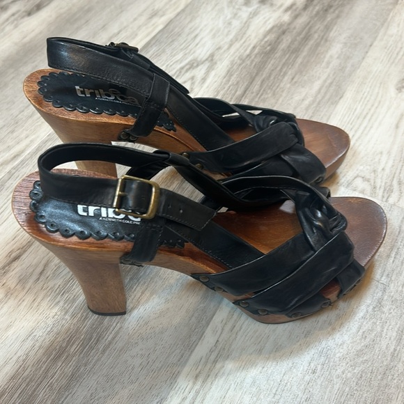 Vintage Y2K Kenneth Cole Tribeca Slingback Heels Black Leather Wooden Platform - Picture 9 of 12